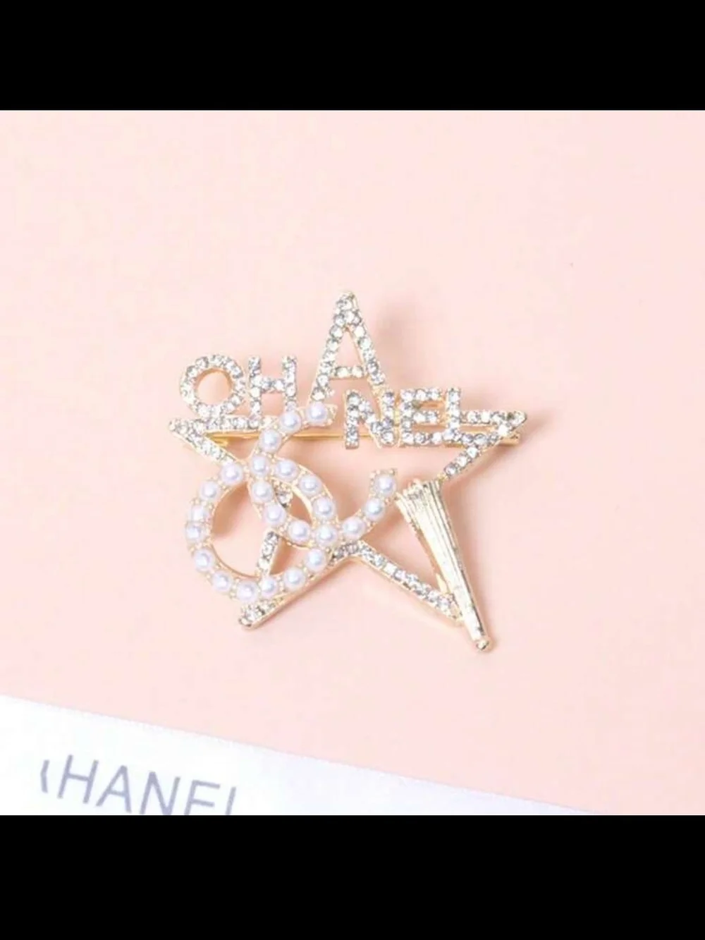 Gold-Tone Star Brooch with Pearl CC Accents